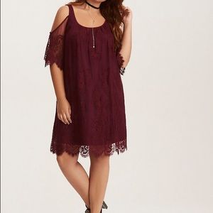 Burgundy lace cold shoulder dress